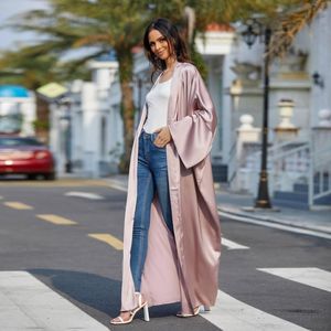 Vêtements ethniques 2022 mode dubaï maroc musulman vêtements rose décontracté Kimono Abaya pour les femmes solide Satin turquie arabe Cardigan Robe