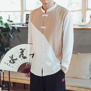 Vêtements ethniques 2022 chemises en lin hommes Style chinois à manches longues rétro boutonné chemise Patchwork col montant ample grande taille hauts KK3865