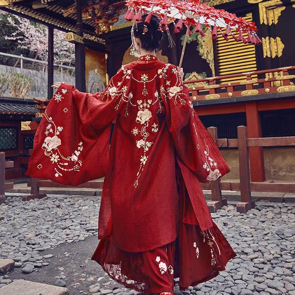 Vêtements ethniques 2022 New Hanfu Veste Pour Femmes Adulte Style Chinois De Mariage Manteau À Manches Grandes Dynastie Tang Princesse Élégant Rouge Vient DQL7648 G230428