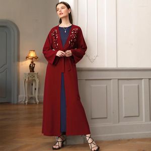 Vêtements ethniques 2022 Red Handmade Fleur en trois dimensions Diamond Robe musulmane Robe de femme arabe Cardigan ouvert Kimono Jalabiya Dubaï