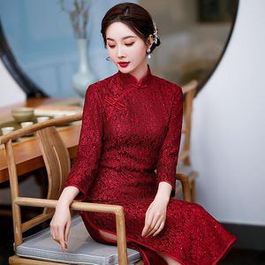 Etnische kleding 2022 Spring herfst rood kanten cheongsam bruid bruid jurk Chinese traditionele qipao lange spleet voor vrouwen