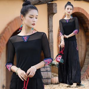 Vêtements ethniques 2022 Traditionnel chinois Vintage Mesh Blouse National Fleur Broderie Cheongsam Rétro Hanfu Tops Oriental Tang Costume