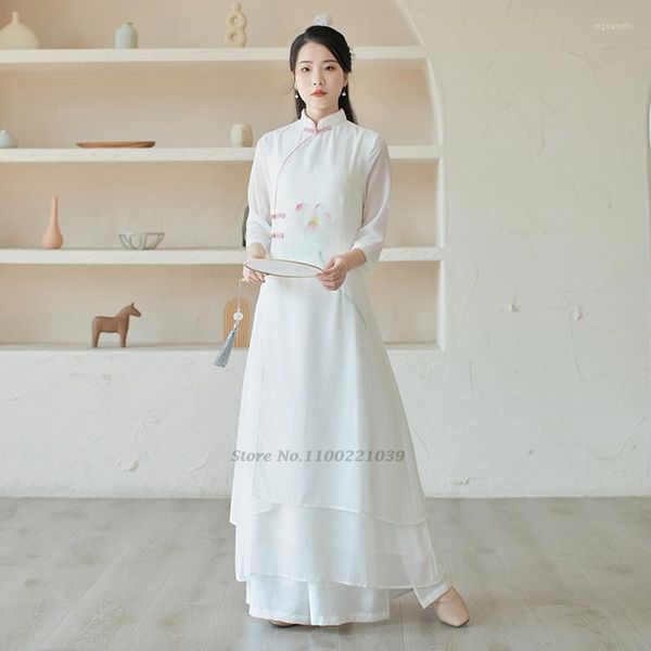Vêtements ethniques 2022 Traditionnel chinois Vintage Zen Set amélioré Hanfu vêtements femmes national fleur imprimé mousseline de soie Qipao robe pantalon