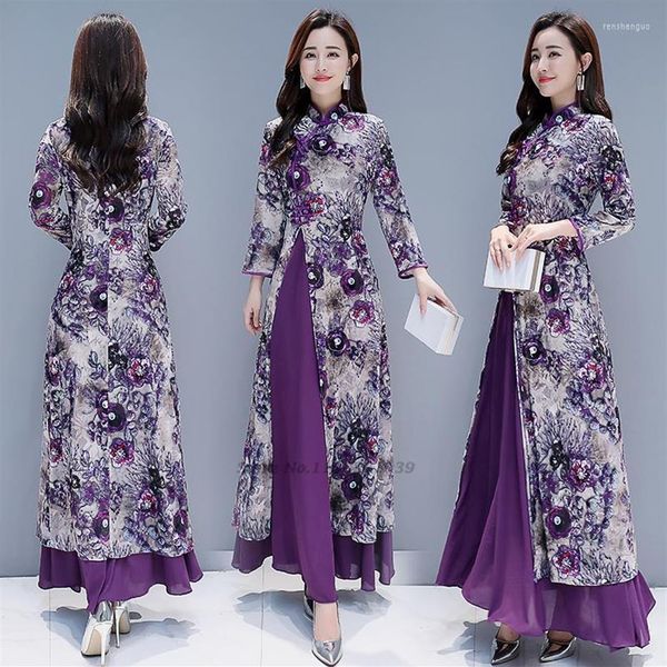 Vêtements ethniques 2022 Vietnam Ao Dai robe femmes Tradition chinoise Cheongsam Qipao grande taille violet imprimé fleuri mince Style Elegant294M