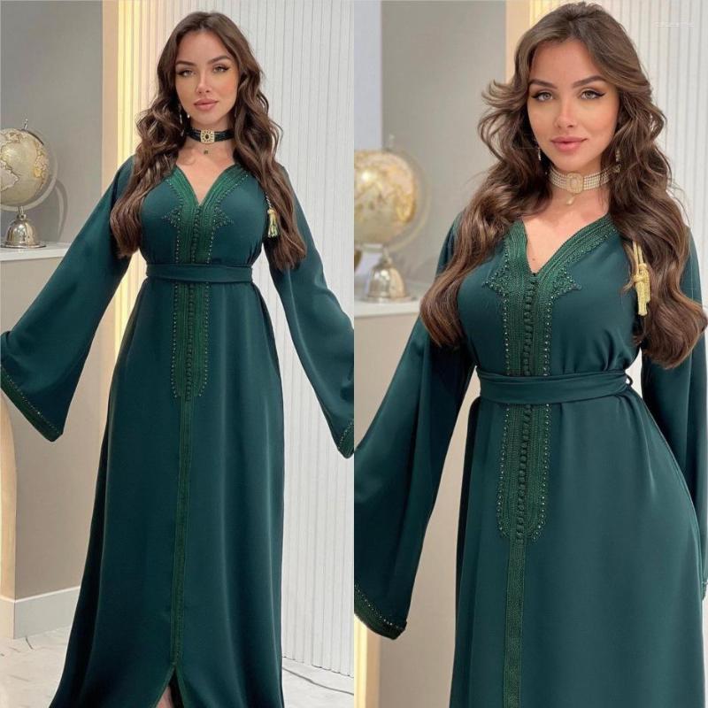 エスニック服 2023 アバヤドレス夏エレガントなイスラム教徒の女性長袖 V ネックポリエステルブルーグリーンファッションドレス