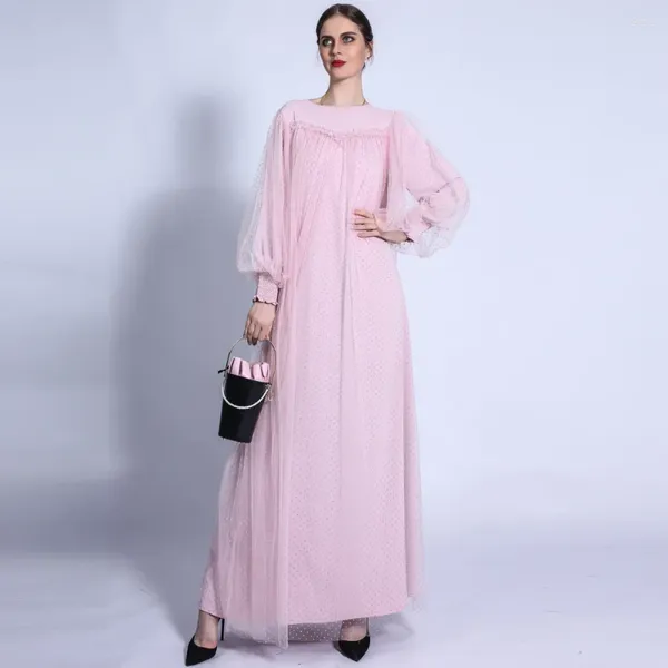 Vêtements ethniques 2023 Abaya Robe longue musulmane pour femmes Dubaï Arabe Islam Kaftans Mode Polka Dot Tulle Lanterne Manches Couleur Solide