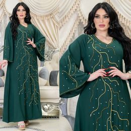 Etnische kleding 2023 Abayas voor vrouwen zomer modestijl lange mouw vneck polyester dubai moslim dres 230324