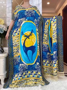 Vêtements ethniques 2023 Robe Dashiki africaine Kaftan Abaya Coton Col bateau Floral Imprimé Manches courtes Femmes Lâches Casual avec grande écharpe