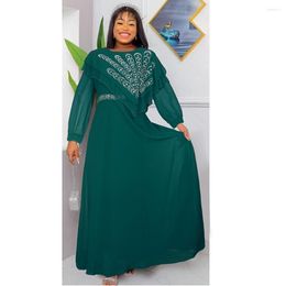 Ethnische Kleidung 2023 Afrikanische Kleider für Frauen Sommer Elegante Langarm Oansatz Polyester Weiß Grün Hochzeit Party Kleid Maxi