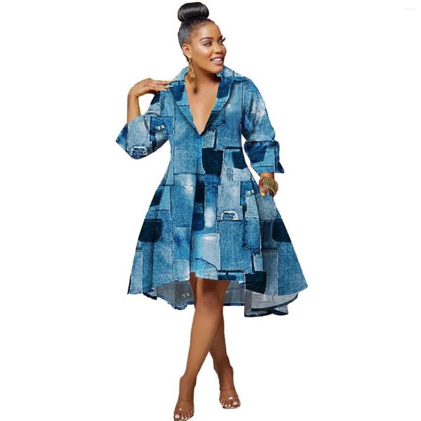 Vêtements ethniques 2023 robes africaines pour femmes automne mode trois quarts manches col en v Polyester impression genou longueur robe M-3XL