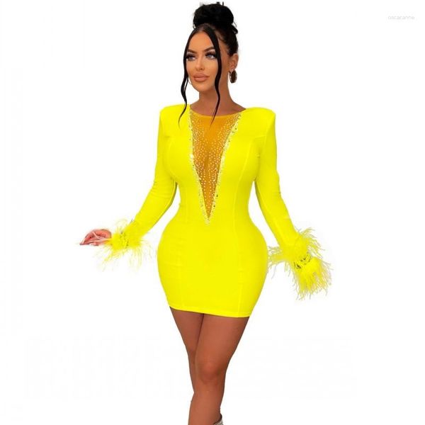 Ropa étnica 2023 African Women's Color Sólido Sexy Malla Vestido de manga larga Planchado Bolsa de diamante Hip Pluma Falda Fiesta Banquete