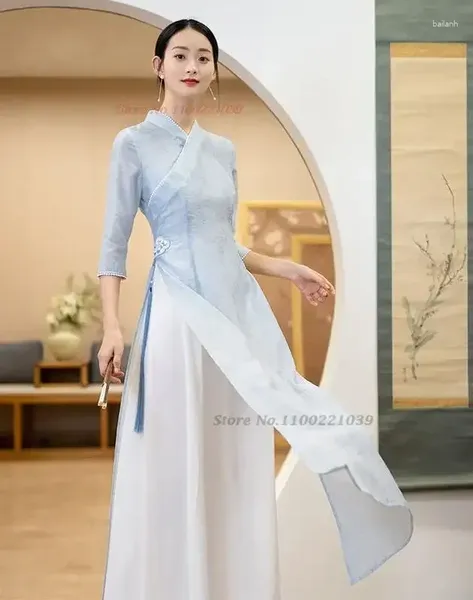 Vêtements ethniques 2023 Ao Dai Mousseline de soie Longue Aodai Femmes Vietnam Imprimer Fleur Cheongsam Vintage Mandarin Col Élégant Robe Traditionnelle