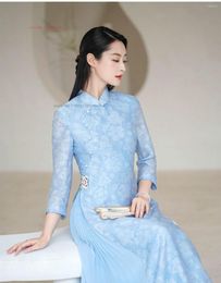 Etnische kleding 2023 Ao Dai Classic Style Aodai Jurk Volle mouw Volle mouw Vrouwen Bloemdruk Vietnam Elegant feest Oriental Qipao