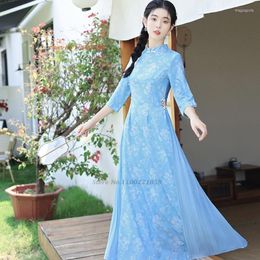 Abbigliamento etnico 2023 Ao Dai Tradizionale Vietnam Vestito Cinese Migliorato Cheongsam Retro Fiore Nazionale Stampa Qipao Sera Vestido