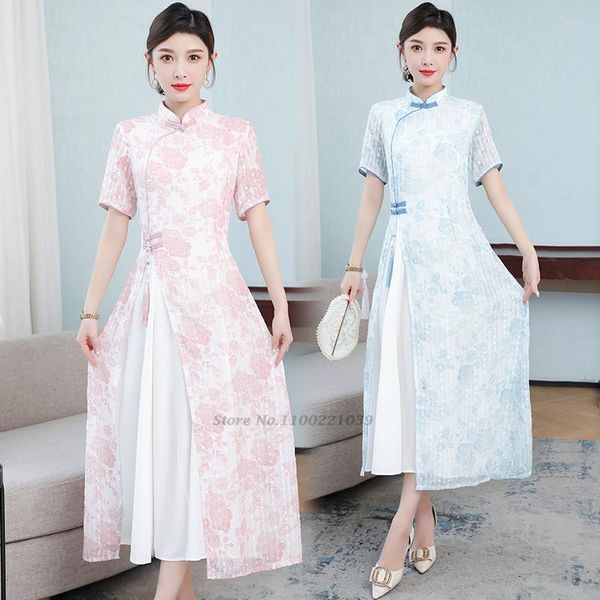 Vêtements ethniques 2023 Aodai Cheongsam Robe Traditionnelle Orientale Fleur Imprimer Ao Dai National Dentelle Qipao Femmes Vietnam