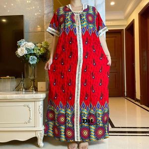 Etnische kleding 2023 Aankomst korte mouw Abaya Afrikaanse dashiki bloemenprint kanten riem katoen caftan dame zomer maxi casual jurken