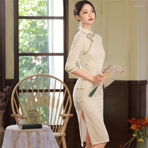 Ropa étnica 2023 brocade de otoño encaje cheongsam clásico elegante retro sexy qipao estilo chino boda fiesta de banquete para banquete para