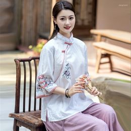 Vêtements ethniques 2023 automne Style chinois coton lin Blouse femmes gracieux Cheongsam haut Oriental Vintage broderie Hanfu A450