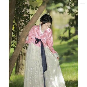 Etnische kleding 2023 Autumn Kawaii Pink Jacquard Tops White Lace Dress Women Bruid Hanbok Koreaanse Fashion Fairy Princess Dance -kostuum