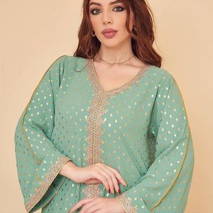 Etnische kleding 2023 Herfst Moslimvrouwen lange mouw V-hals groene witte abaya-jurk