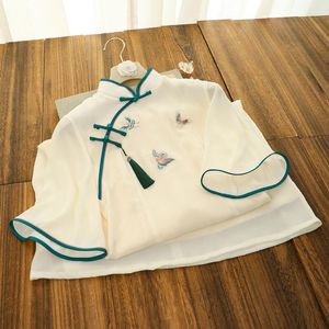 Etnische Kleding 2023 Beige Vlinder Borduurwerk Cheongsam Trompet Mouw Vintage Jurk Slanke Kostuums Chinese Qipao S Tot XXL