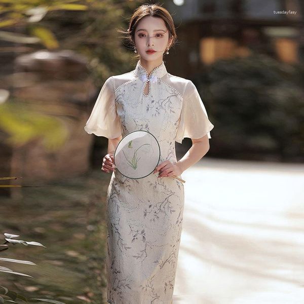 Vêtements ethniques 2023 Beige Amélioration Broderie Cheongsam Vintage Robe Élégante Manches Trompette Slim Fit Mi Long Qipao Chinois Traditionnel