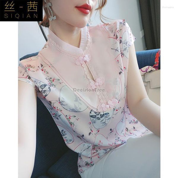 Ropa étnica 2023 blusa de gasa de manga corta de verano para mujer estilo Cheongsam mejorado estampado de moda con cuello levantado de encaje Casual China Top