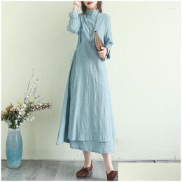 Etnische kleding 2023 Chinese katoenen linnen retro-stijl jurk dames zomer staande kraag lange kunst impd qipao drop-levering kleding Dhxjt