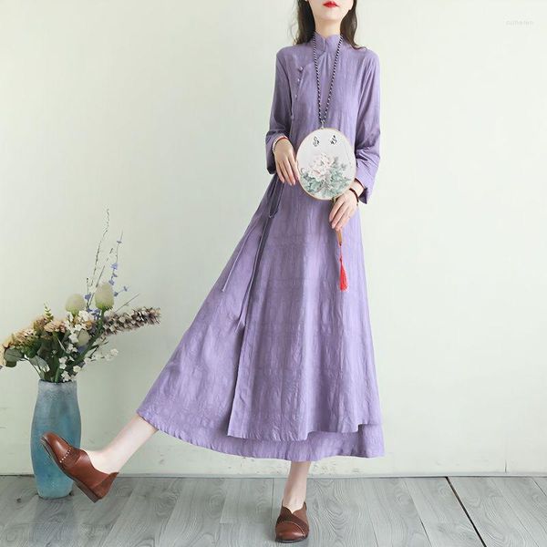Vêtements ethniques 2023 chinois coton lin Style rétro robe femmes été col montant Long Art amélioré Qipao