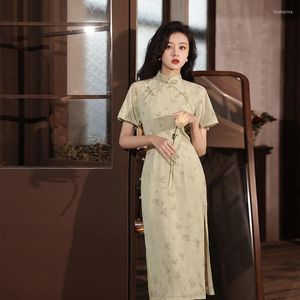 Ropa étnica 2023 vestido chino verde claro Cheongsam Vintage manga suelta tradicional Delgado mujer largo Qipao S a 2xl