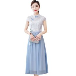 Etnische kleding 2023 Chinees borduurwerk qipao kanten jurk elegant cheongsam stand-up kraag oosterse kwast ontwerpen blauw formeel feest