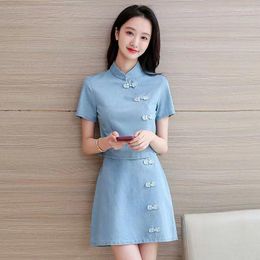Etnische kleding 2023 Chinese mode denim tweedelige set slanke zomer verbeterde qipao-knop cheongsam blouse rok dagelijks pak voor vrouwen g689