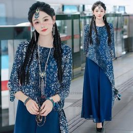 Etnische Kleding 2023 Chinese Nationale Bloemenprint O-hals Onregelmatig Shirt Vintage Vrouwen Losse T-shirt Oosterse Basis Hanfu Tops