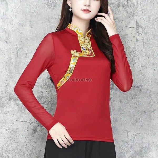 Ropa étnica 2023 estilo retro chino top manga larga malla gasa primavera y otoño mujeres tibetanas blusa elegante suelta