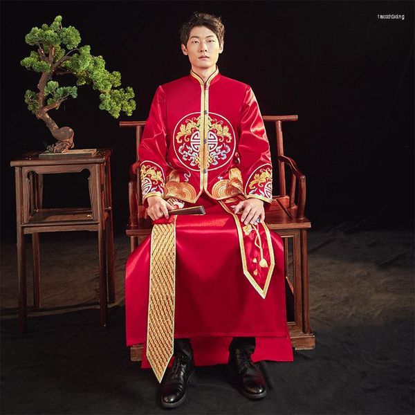 Vêtements ethniques 2023 Style chinois marié robe de mariée élégant Oriental Tang costumes hommes rouge broderie Cheongsam