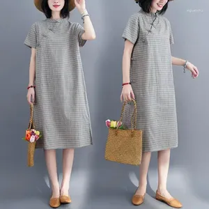 Vêtements ethniques 2023 Style chinois Coton Lin Placket Boucle Zen Qipao Casual Quotidien Femmes Une Ligne Robe Plaid Robe