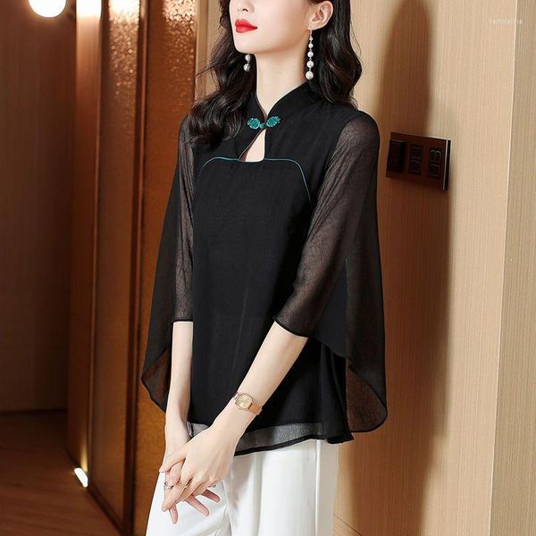 Ropa étnica 2023 Estilo chino Mejorado Cheongsam Top Collar Mujer Blusa de gasa Elegante Casual Diario Hollow Out Black Qipao