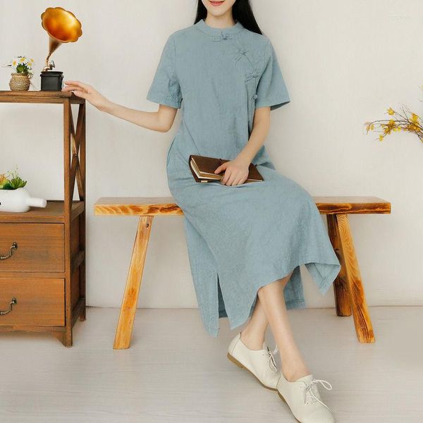 Ropa étnica 2023 estilo chino Color sólido mejorado Cheongsam vestido mujer elegante Vinatge Qipao Casual Daliy