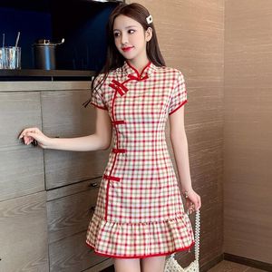 Vêtements ethniques 2023 Style chinois Summer Femmes Cheongsam Plaid Robe orientale Vêtements A-Line Robes moulantes Vintage Qipao Robe de Mujer