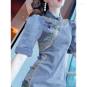 Etnische Kleding 2023 Chinese Stijl Traditionele Verbeterde Qipao Jurk Vrouwen Denim Oosterse Stand Up Kraag Dagelijkse Cheongsam