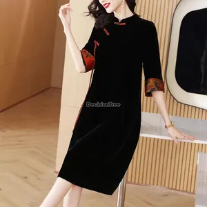 Etnische Kleding 2023 Chinese Stijl Fluwelen Cheongsam Jurk Herfst Retro Schotel Gesp Half Mouw Losse S764