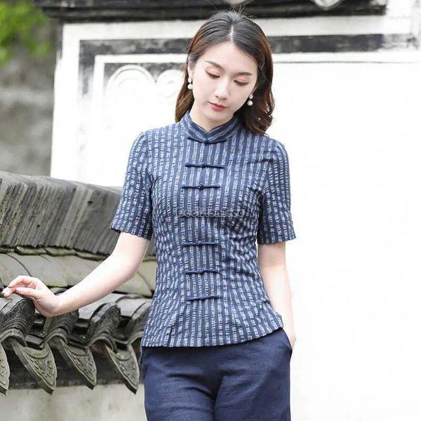 Ropa étnica 2023 Estilo chino Cheongsam de mujer Blusa de manga corta Collar de soporte Retro adelgazante Moda Tang Traje Diario Top S628