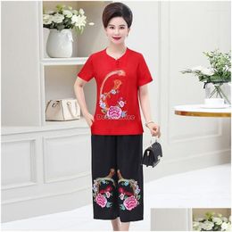 Ropa étnica 2023 traje de espiga china femenina nacional de manga corta Cheongsam estilo verano pantalones top set Drop de dhp3t