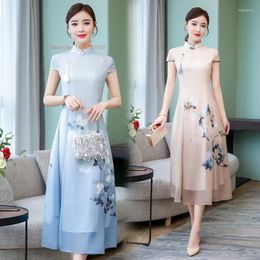 Etnische Kleding 2023 Chinese Traditionele Jurk Qipao Nationale Bloemenprint Chiffon Cheongsam Oosterse Elegante Banket Avond Vestido