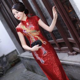 Ethnische Kleidung 2023 Chinesisches traditionelles Kleid Verbessertes Qipao National Phoenix Stickerei Sequn Cheongsam Orientalisches Bankett Abend Vestido