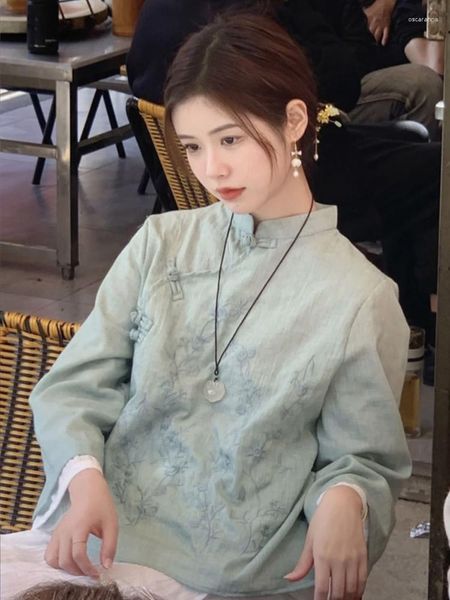 Vêtements ethniques 2023 Chemisier traditionnel chinois Rétro Hanfu Trois quarts manches Femmes Mousseline Vintage Broderie Art Top A441