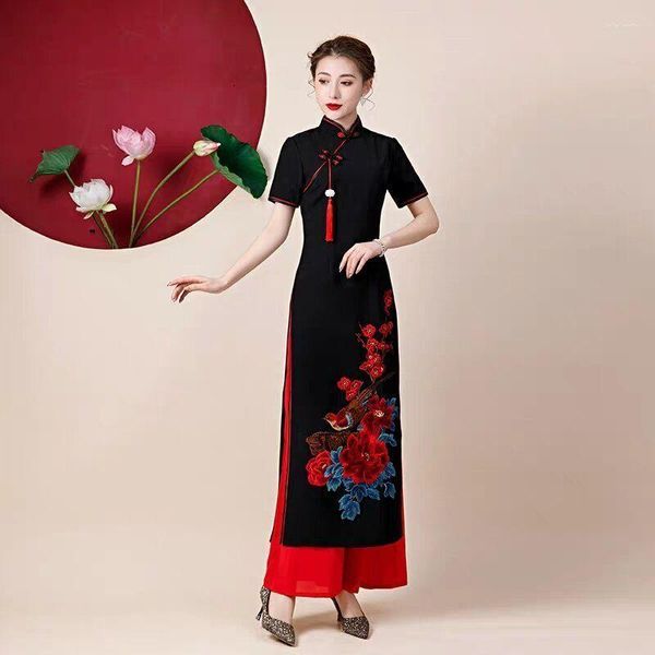 Vêtements ethniques 2023 chinois traditionnel rétro Qipao Vintage robe de danse Cheongsam Ao Dai deux pièces ensemble oriental fête femmes élégant A51