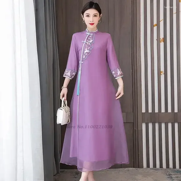 Vêtements ethniques 2023 Robe traditionnelle chinoise en mousseline de soie Qipao National Flower Broderie Cheongsam Oriental Fête de mariage élégante