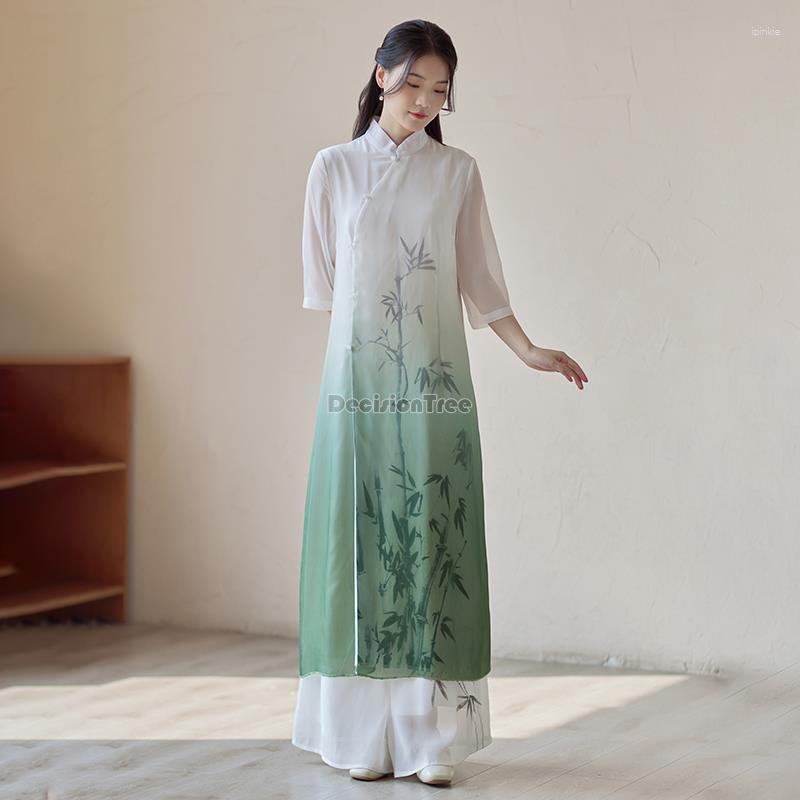 Etnik Giyim 2023 Çin Vintage Sanat Kadınlar Zarif Cheongsam Elbise Ao Dai Geleneksel Mandarin Yakası Vietnam Akşam Partisi