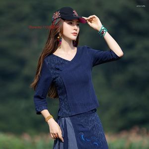 Vêtements ethniques 2023 chinois Vintage Blouse National Tang costume femmes coton lin amélioré Qipao Oriental rétro col en v Zen chemise